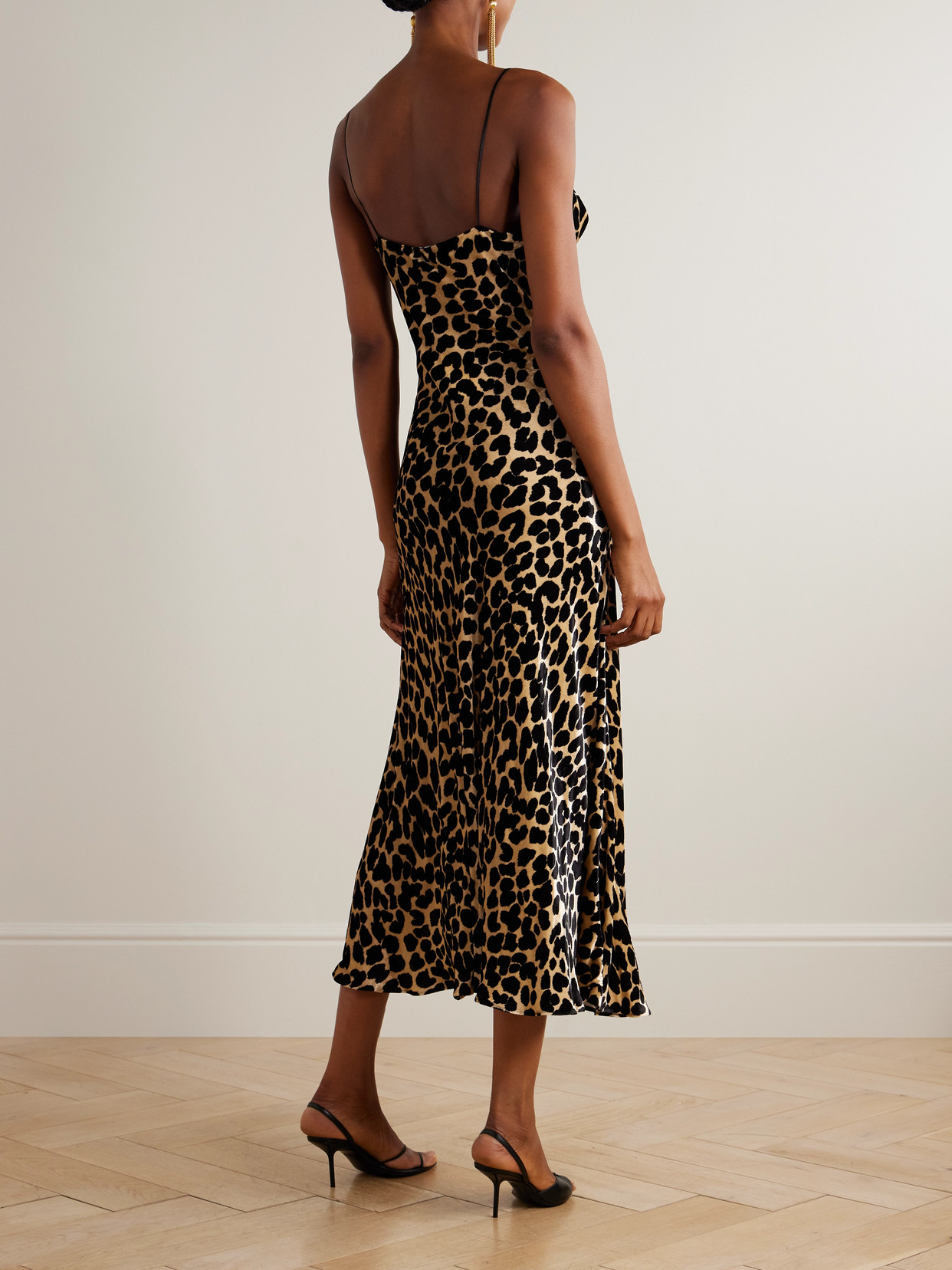 Balmain Draped Leopard-print Velvet Midi Dress In Black