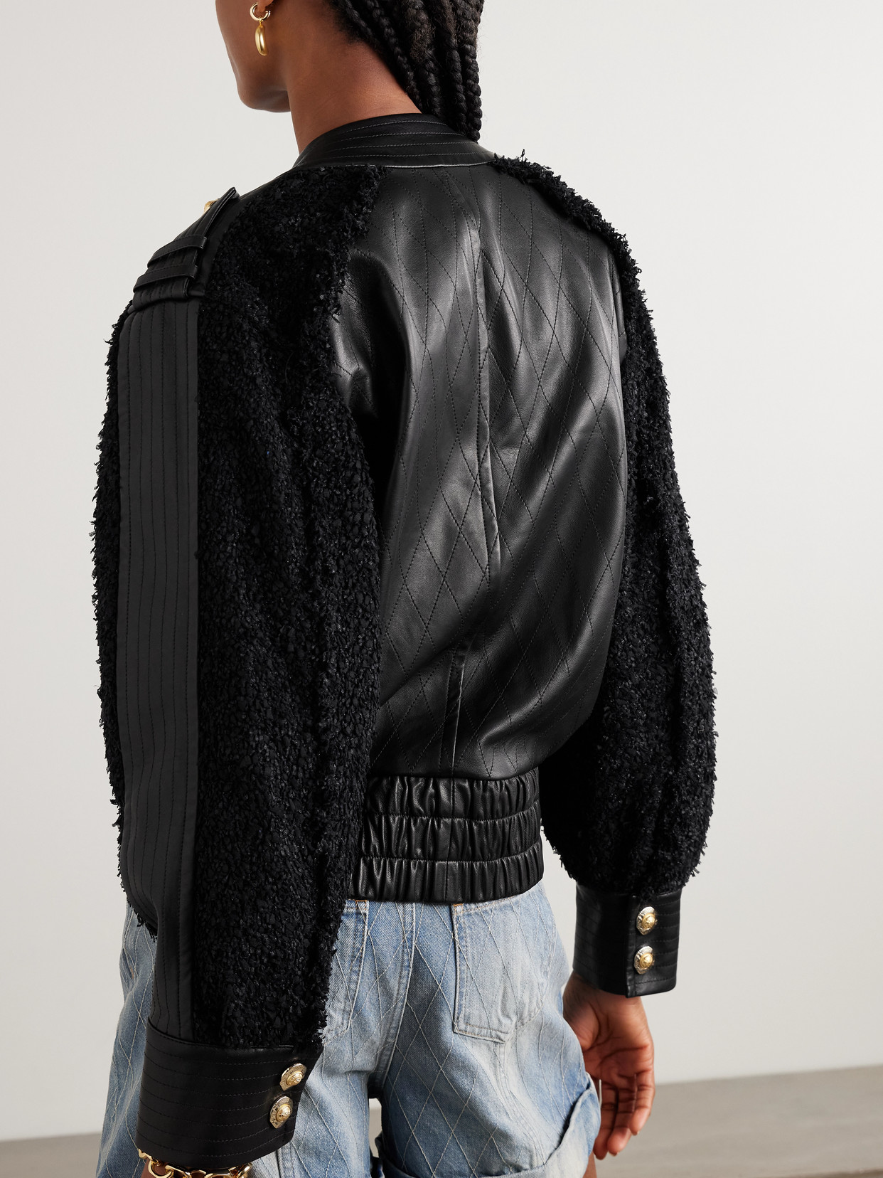 Balmain Quilted Leather And Tweed Bomber Jacket In Black