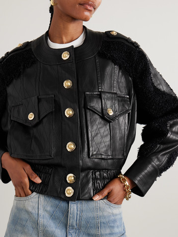 Balmain Quilted leather and tweed bomber jacket
