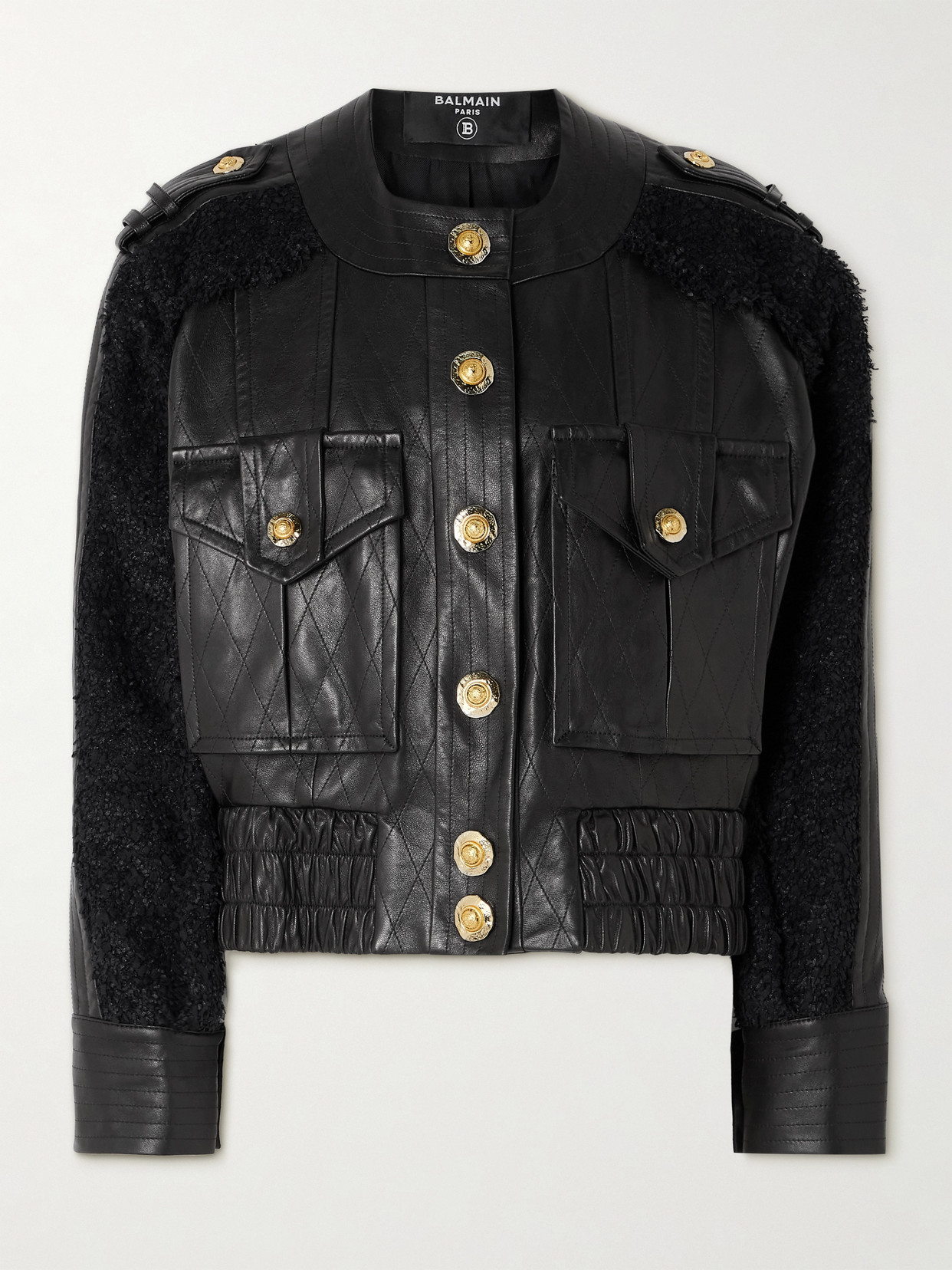Balmain Quilted Leather And Tweed Bomber Jacket In Black