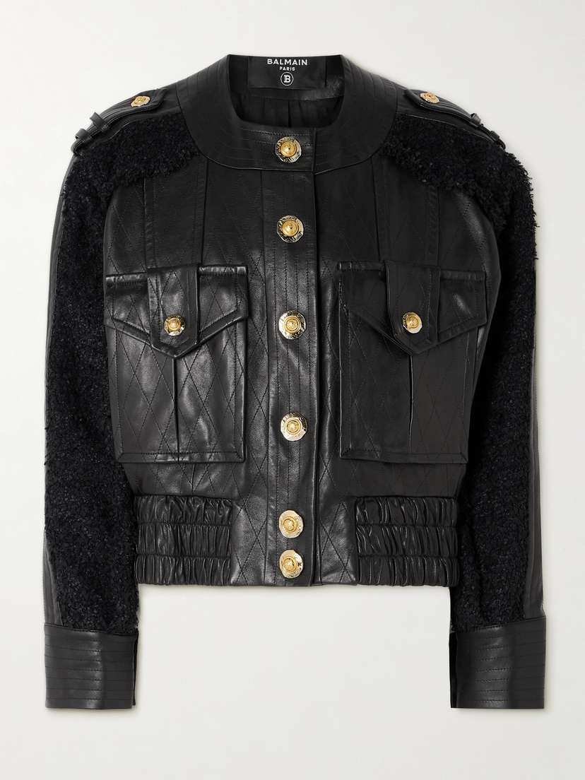 Balmain Quilted Leather And Tweed Bomber Jacket