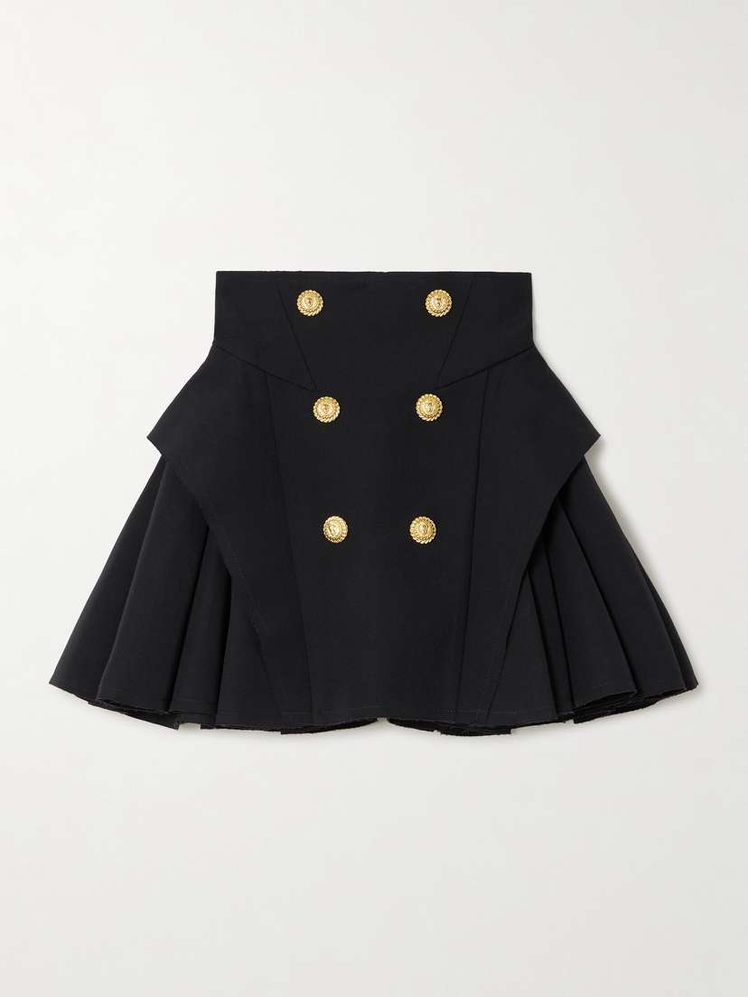 Balmain Button-embellished Pleated Grain De Poudre Wool Mini Skirt