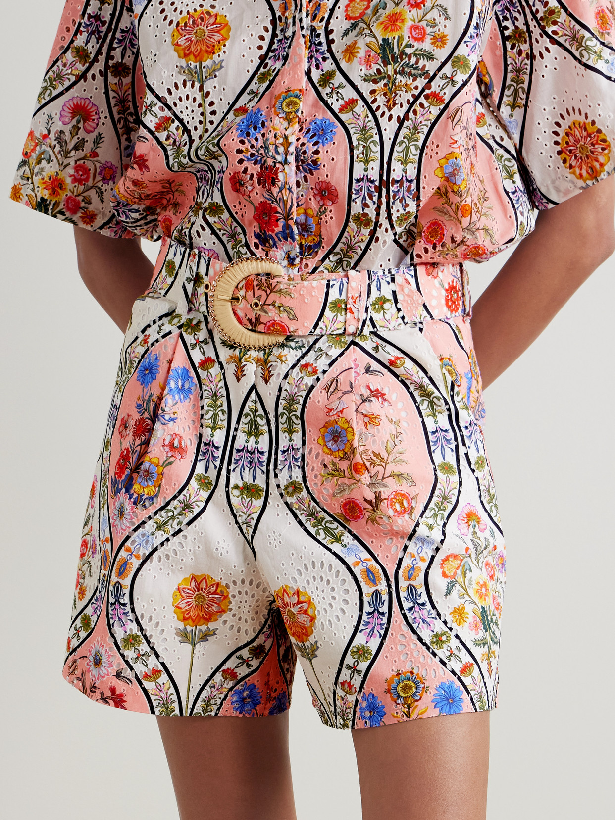 Borgo De Nor Gwen Belted Printed Broderie Anglaise Cotton Shorts