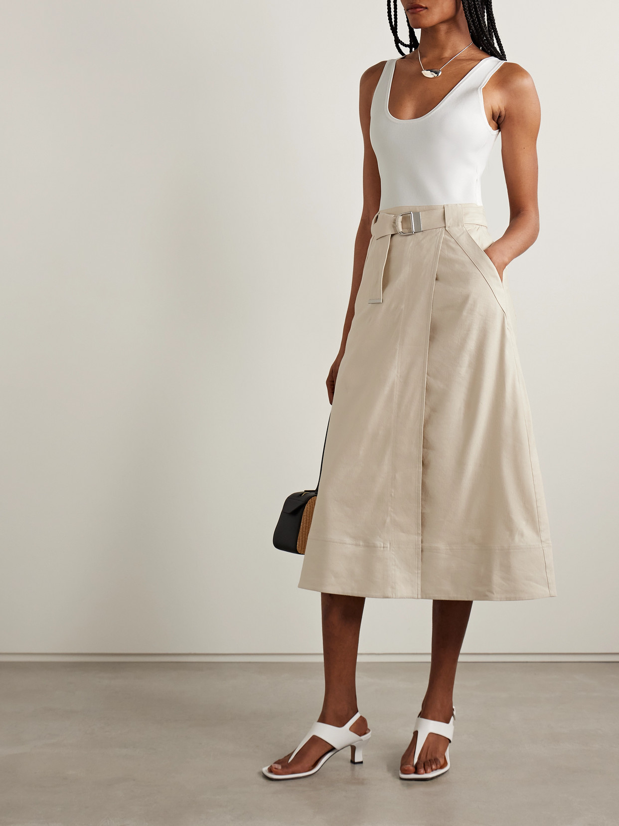 Simkhai Camden Belted Linen-blend And Stretch-knit Midi Dress