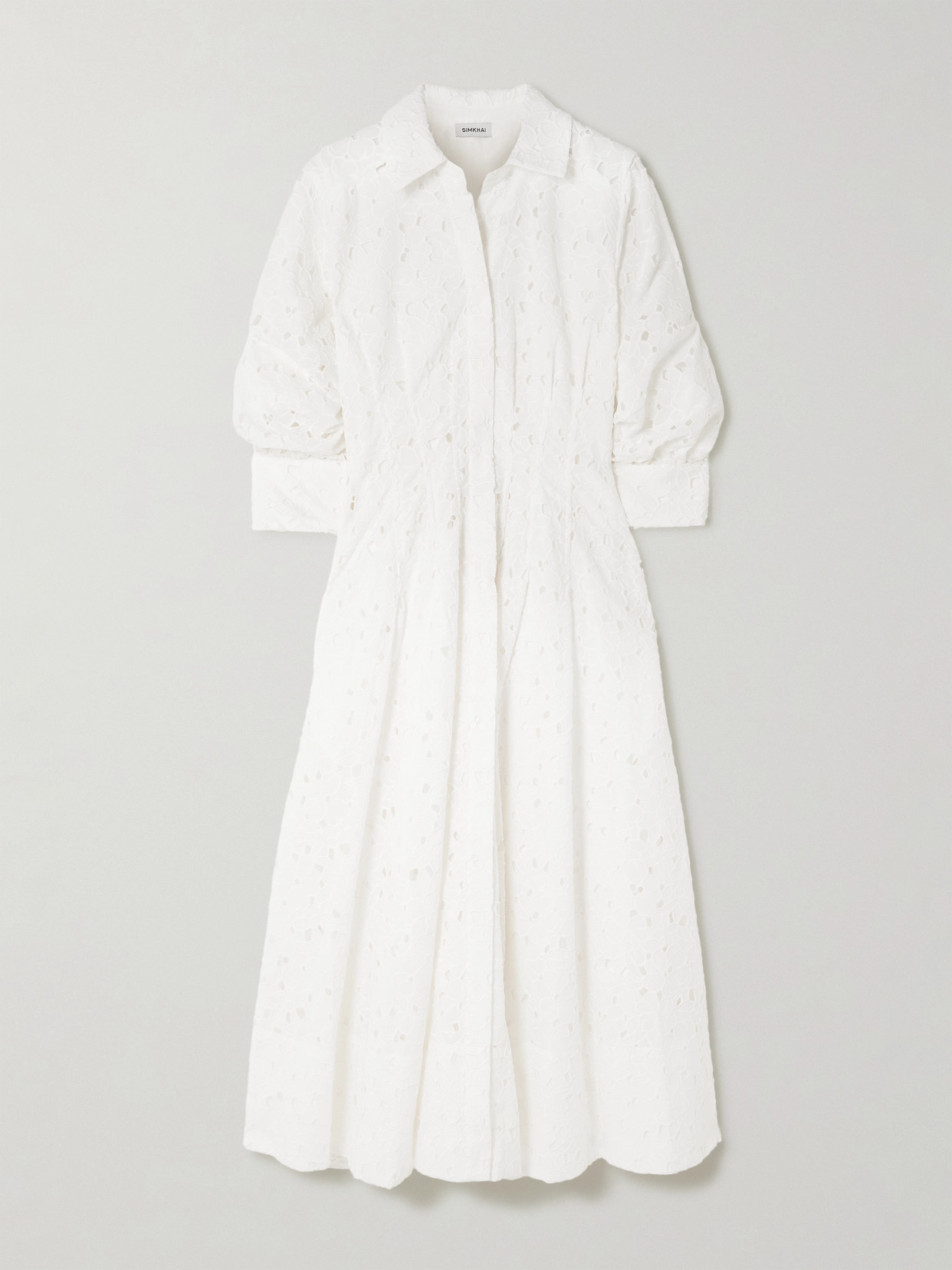 Simkhai Jazz Pleated Broderie Anglaise Cotton Midi Shirt Dress