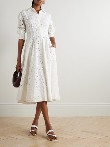 SIMKHAI Jazz pleated broderie anglaise cotton midi shirt dress
