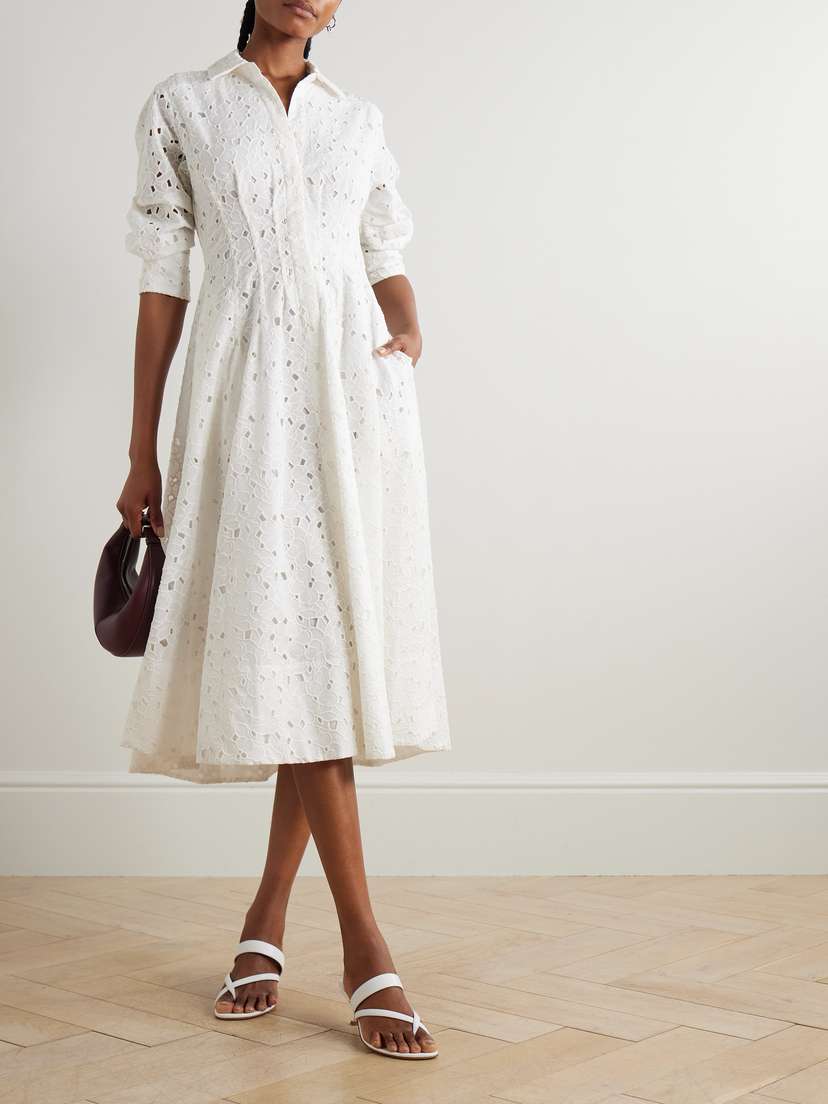 Jazz Pleated Broderie Anglaise Cotton Midi Shirt Dress - x small | Image | 1