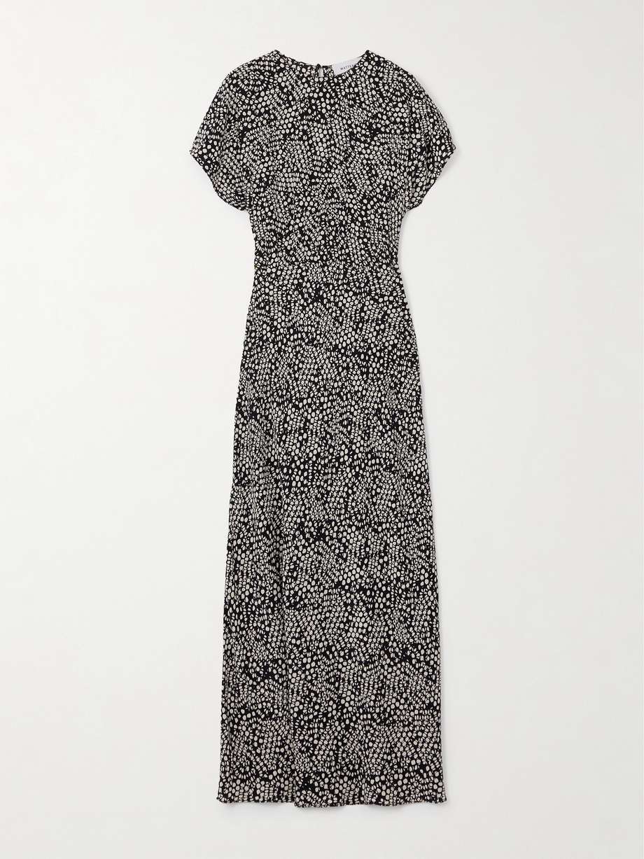 gathered printed silk crepe de chine maxi dress
