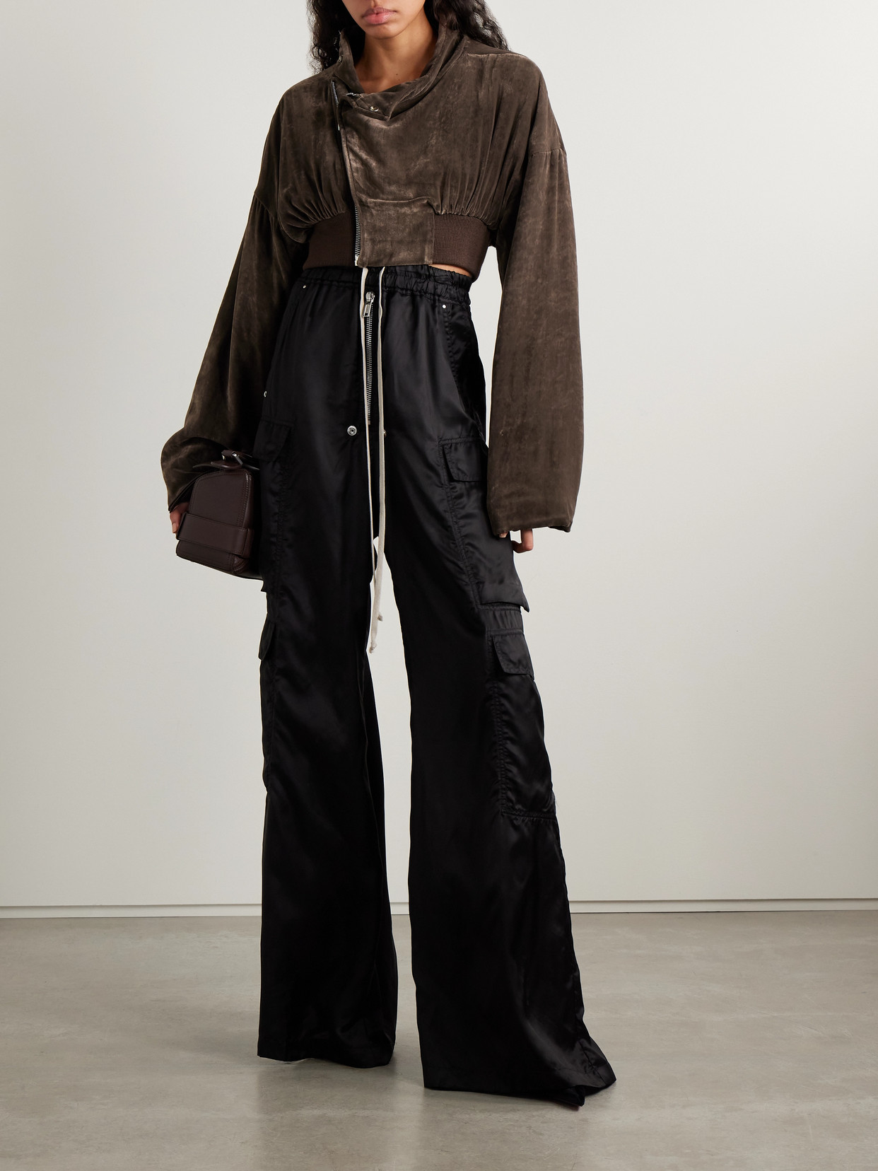 Rick Owens Velvet Zip-front Cropped Jacket In Brown