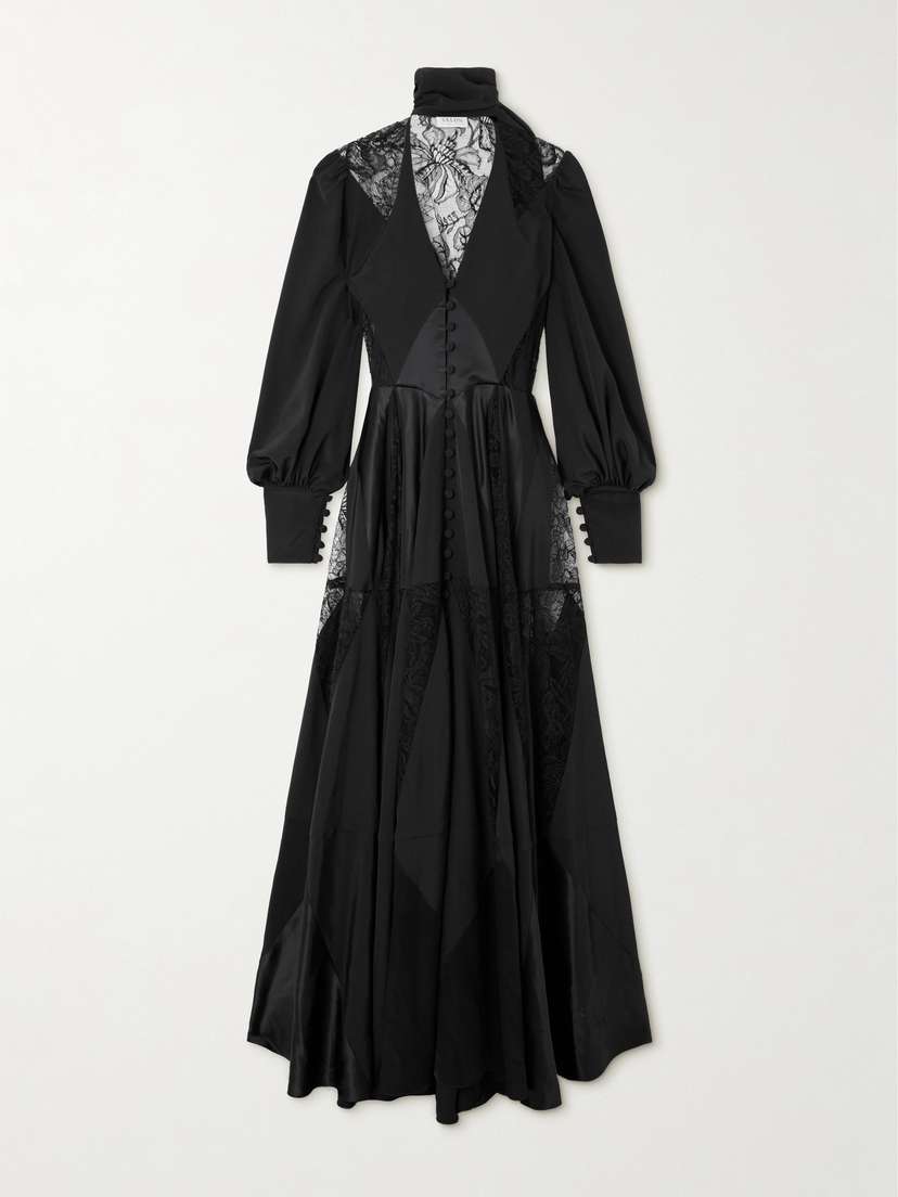Salon 1884 Valtese Tie-neck Chantilly Lace And Satin-trimmed Silk-crepe Gown