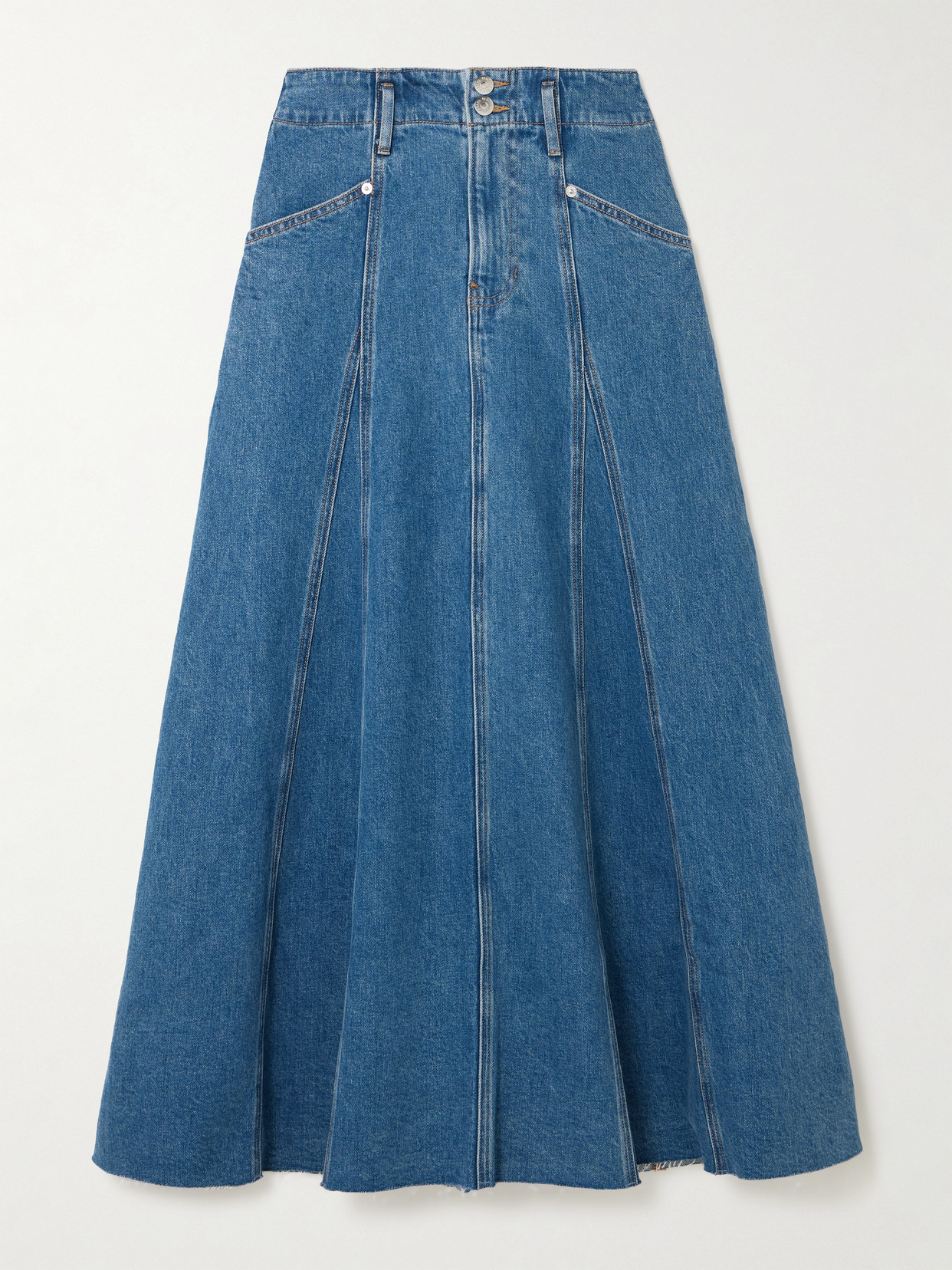 Veronica Beard Alix Panelled Frayed Denim Midi Skirt In Blue
