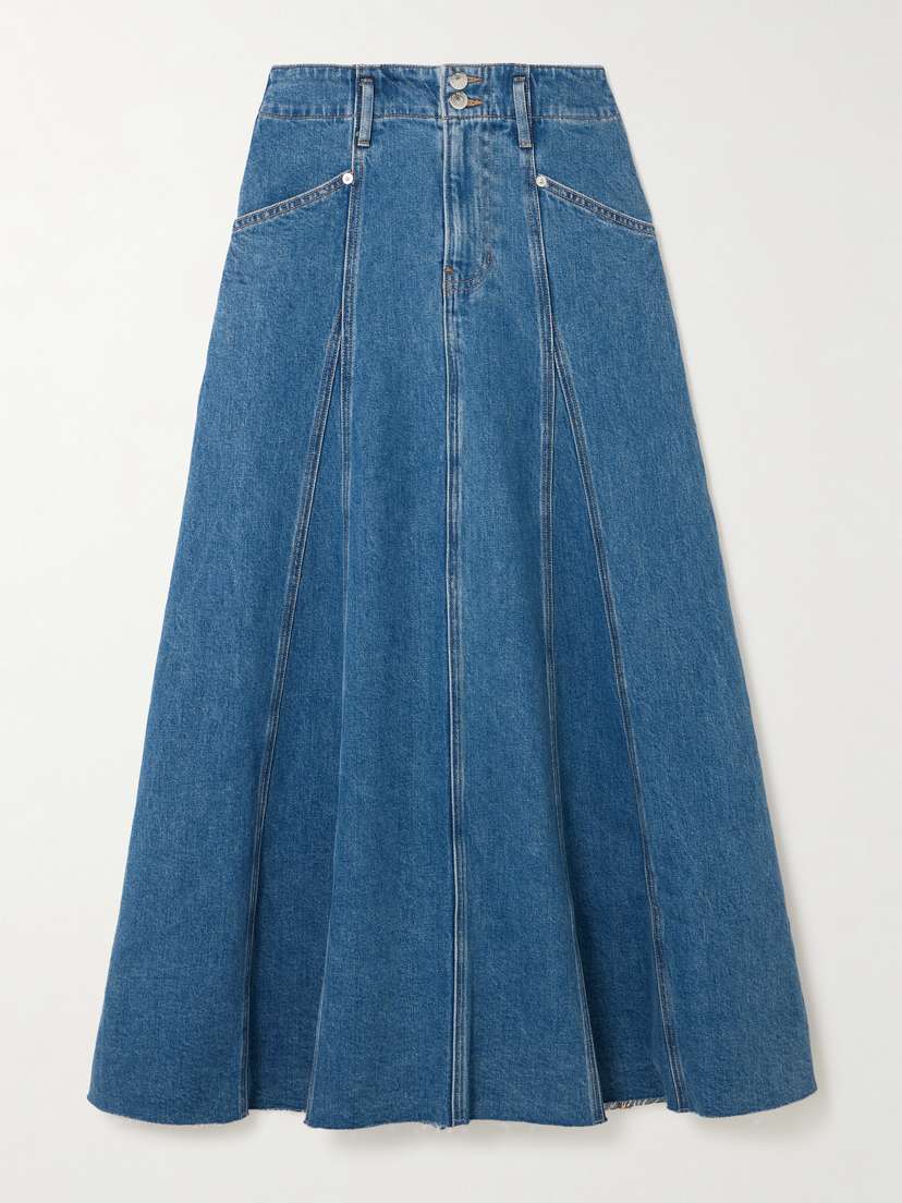 Veronica Beard Alix Panelled Frayed Denim Midi Skirt