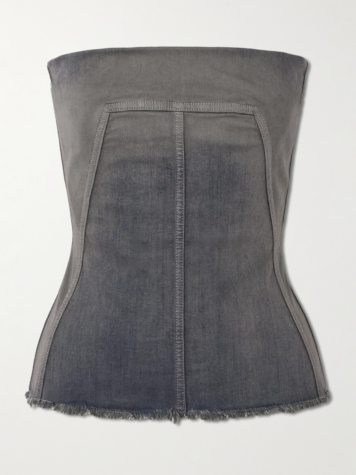 Rick Owens Strapless Frayed Denim Top In Gray