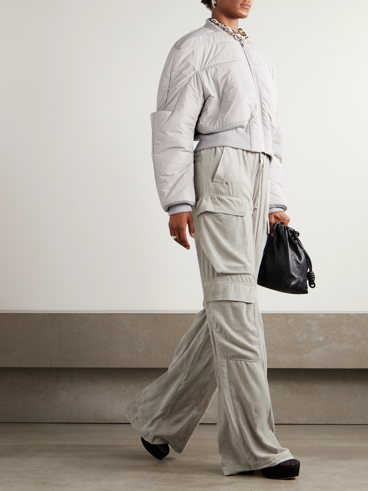 Rick Owens Shell-trimmed Velvet Wide-leg Cargo Pants In Gray