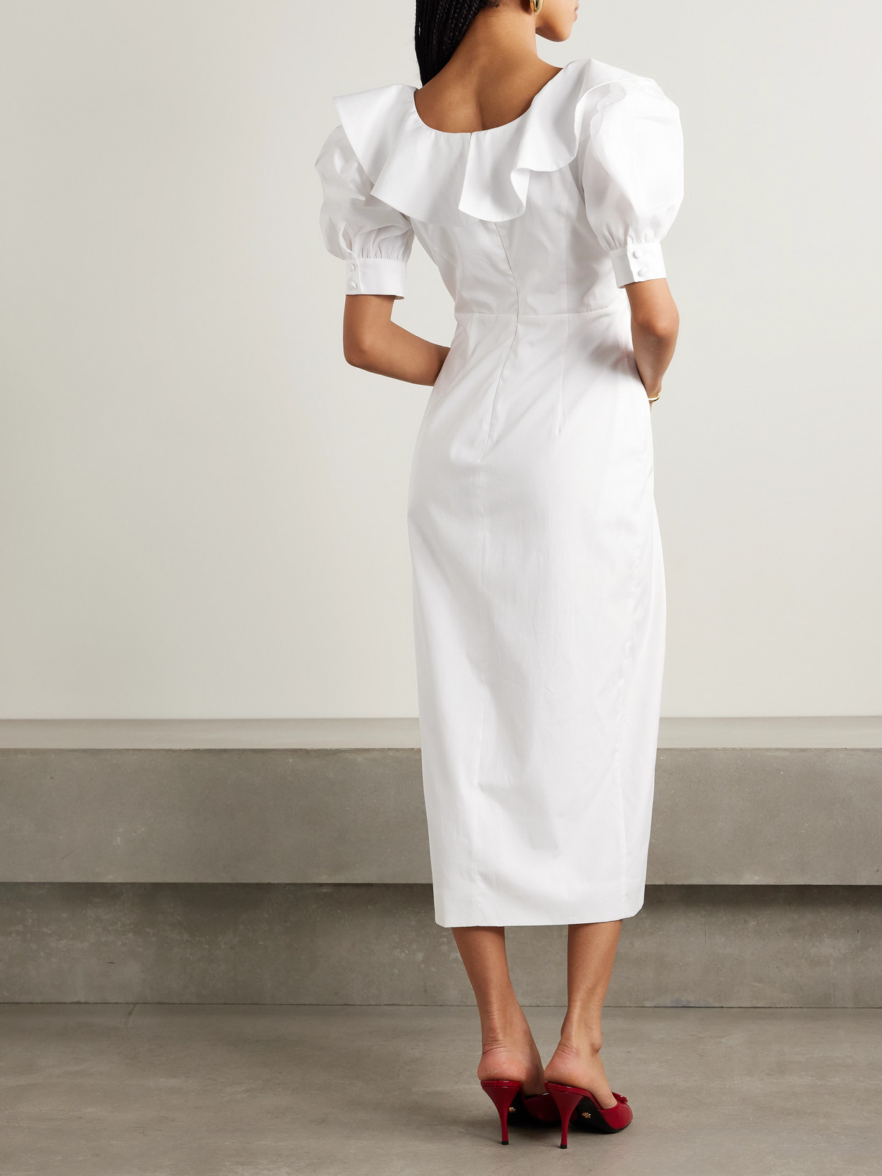 Alessandra Rich Velvet-trimmed Ruffled Cotton-poplin Midi Dress In White