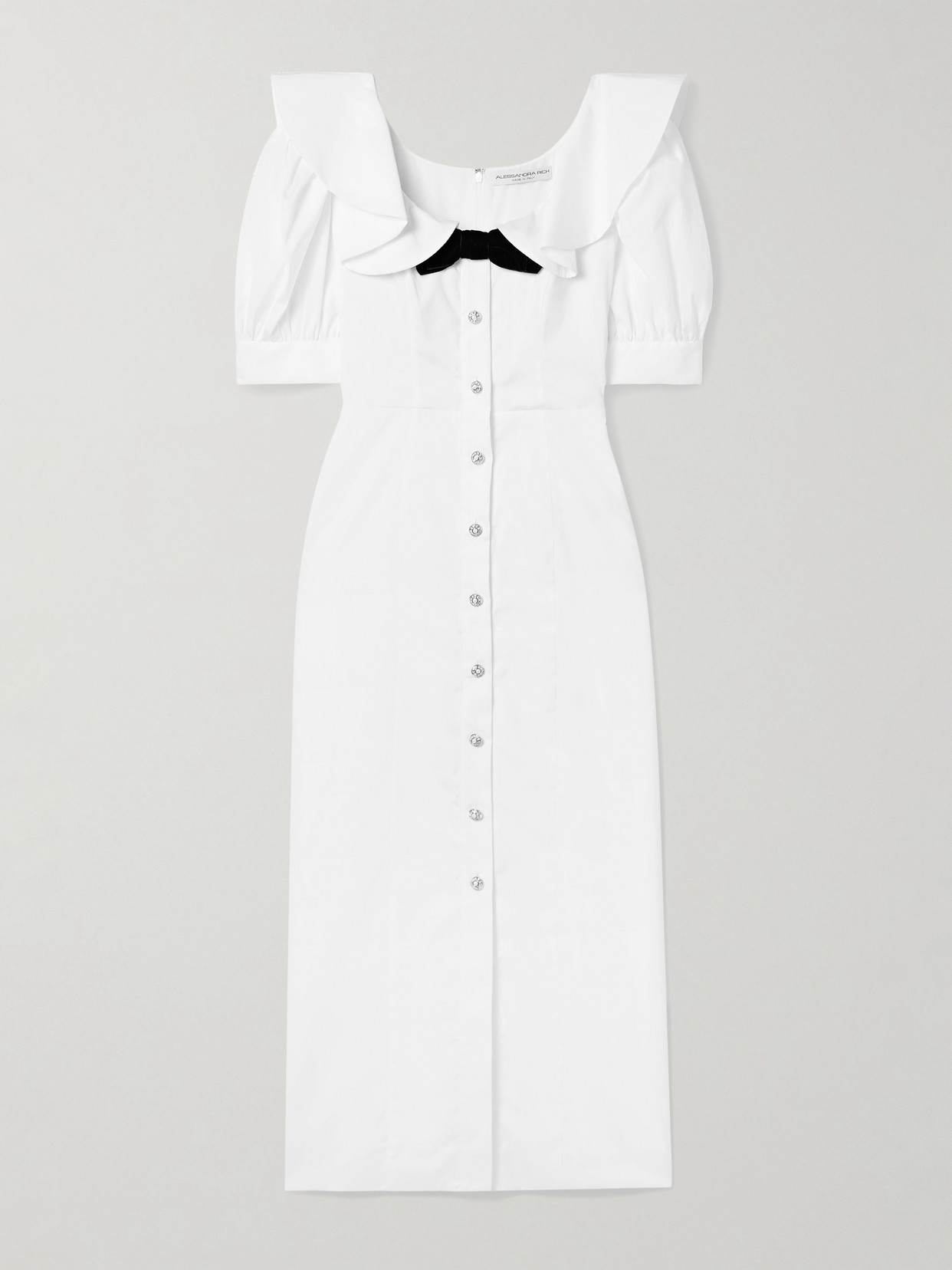 Alessandra Rich Velvet-trimmed Ruffled Cotton-poplin Midi Dress In White