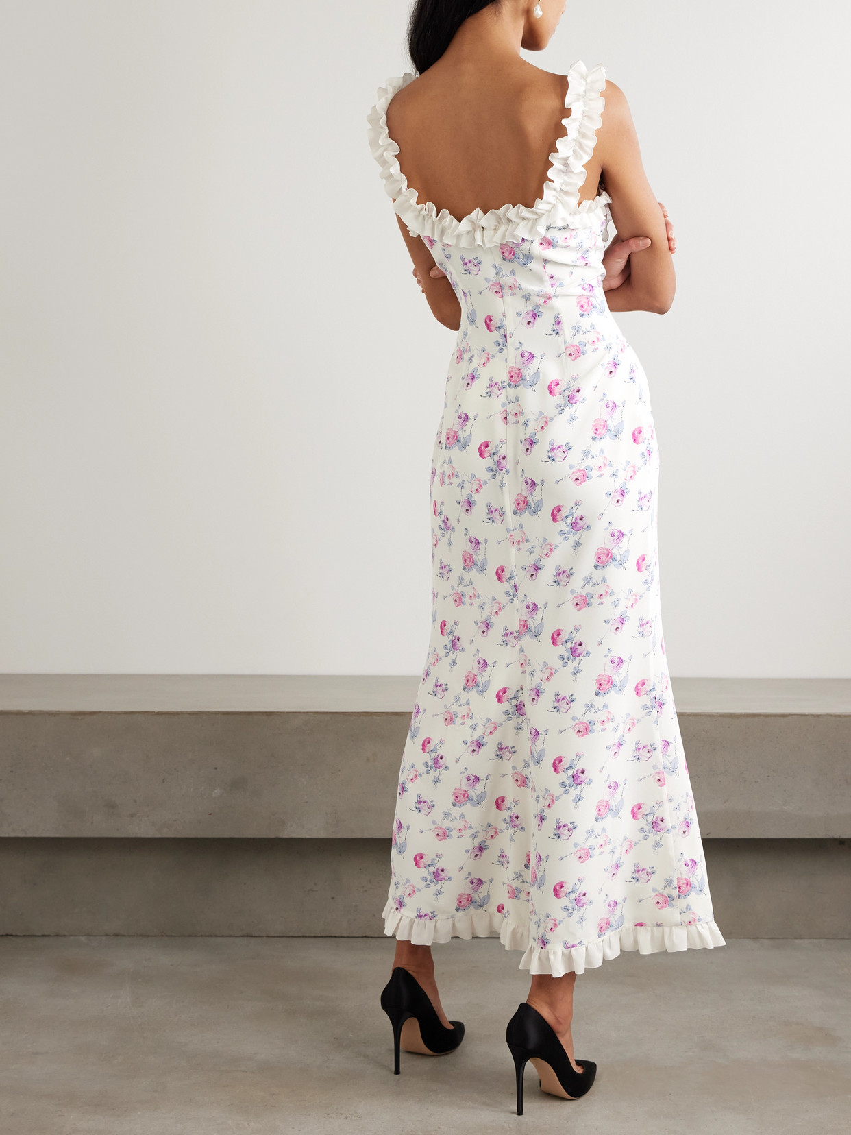 Alessandra Rich Bow-detailed Taffeta-trimmed Ruffled Floral-print Silk Crepe De Chine Midi Dress In White
