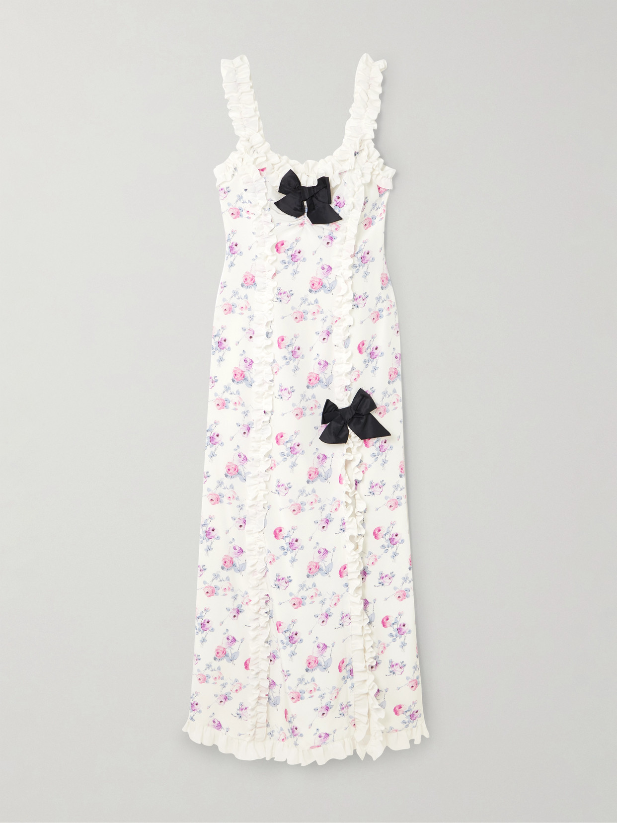 Alessandra Rich Bow-detailed Taffeta-trimmed Ruffled Floral-print Silk Crepe De Chine Midi Dress In White
