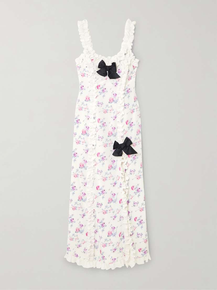Alessandra Rich Bow-detailed Taffeta-trimmed Ruffled Floral-print Silk Crepe De Chine Midi Dress