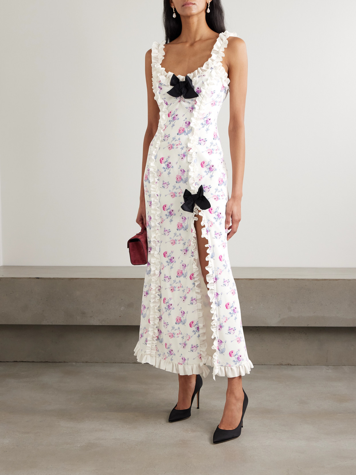 Alessandra Rich Bow-detailed Taffeta-trimmed Ruffled Floral-print Silk Crepe De Chine Midi Dress In White