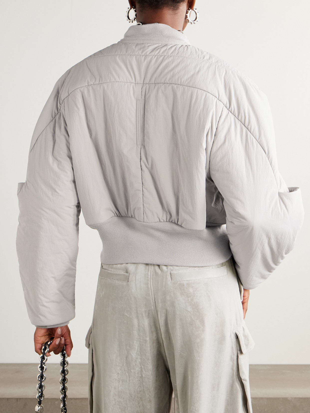 Rick Owens Cropped Wool-trimmed Shell Down Bomber Jacket In Gray