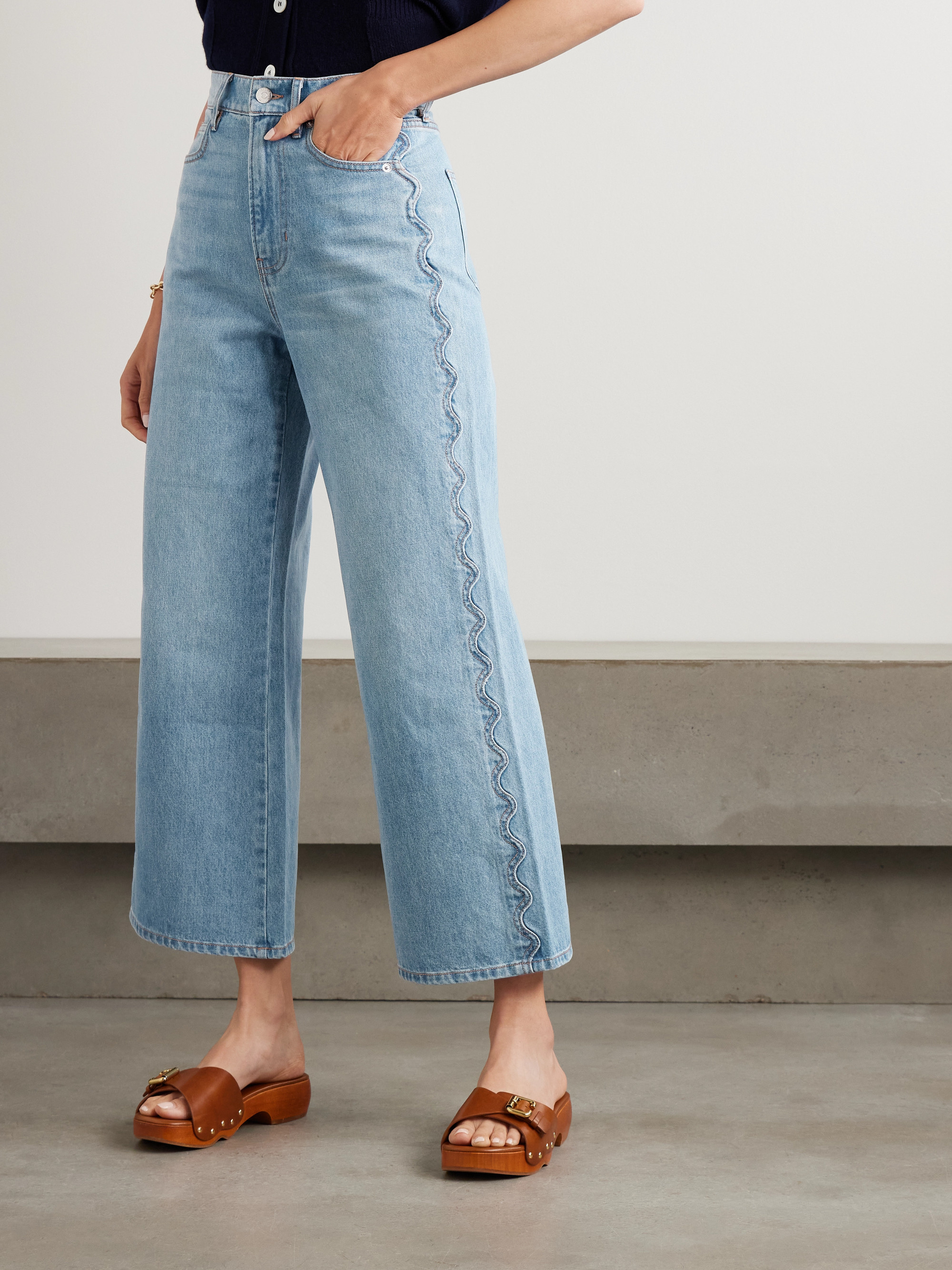 Veronica Beard Taylor cropped scalloped high-rise wide-leg jeans