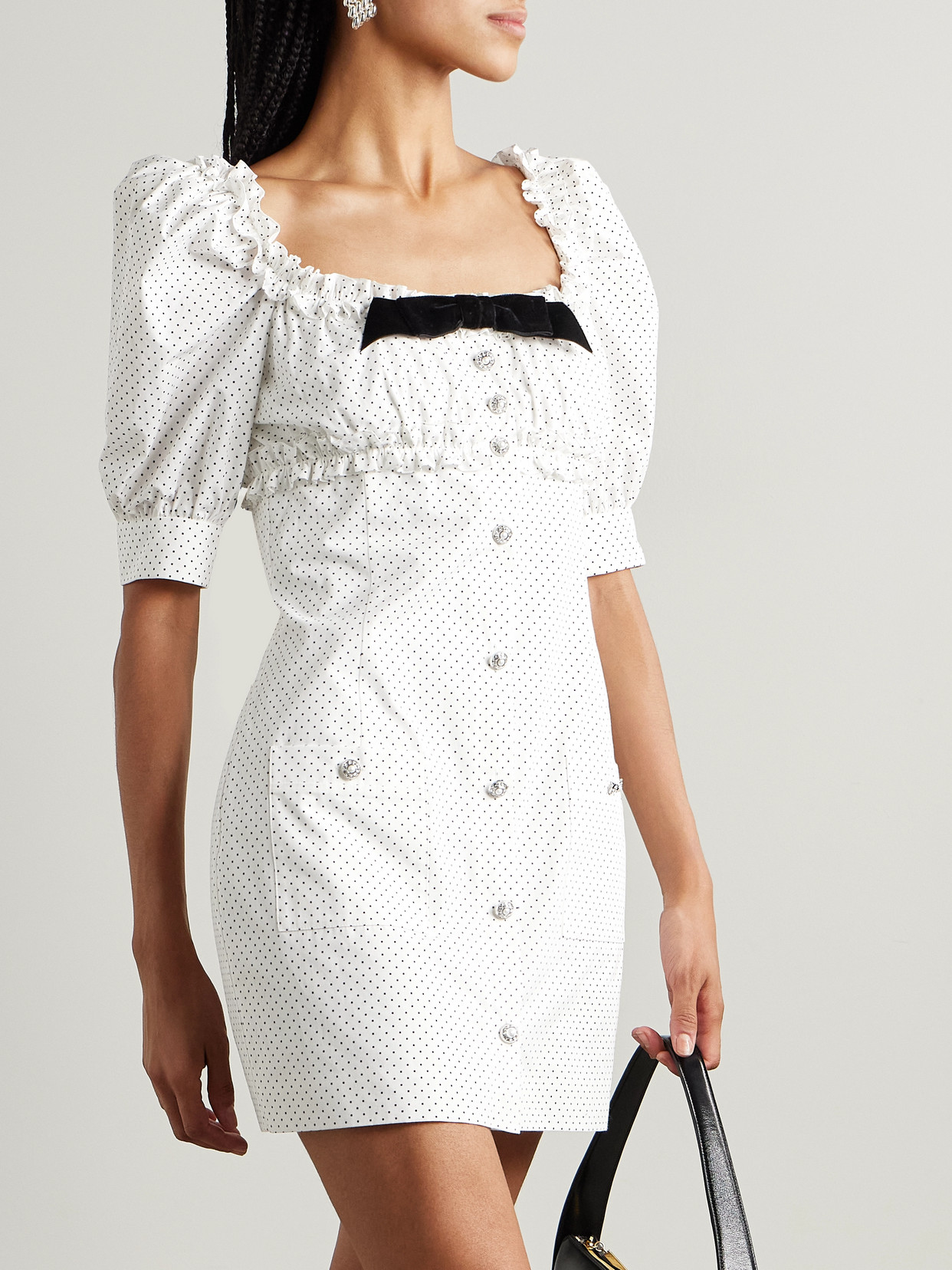 Alessandra Rich Velvet-trimmed Ruffled Polka-dot Cotton-poplin Mini Dress In White