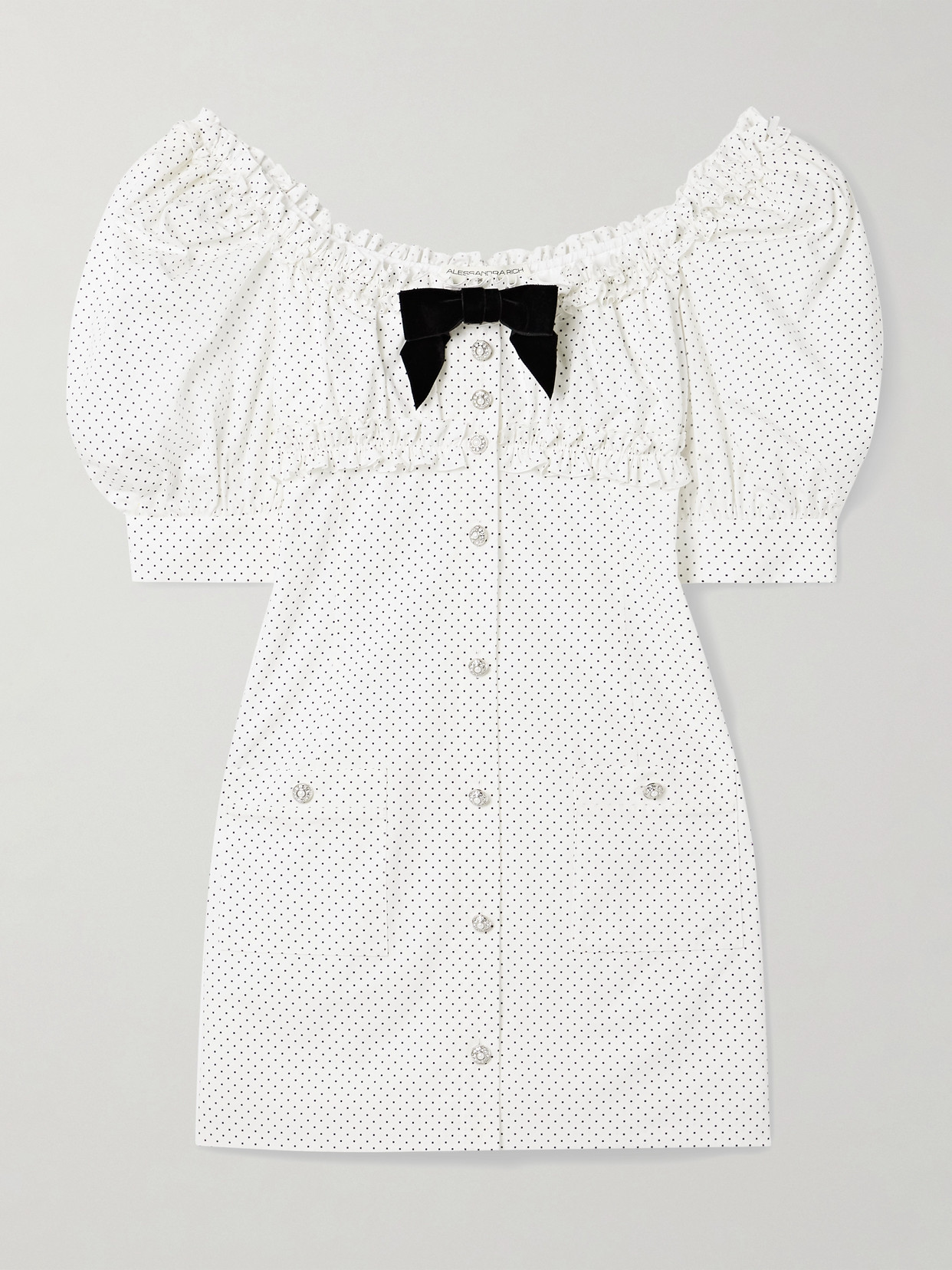 Alessandra Rich Velvet-trimmed Ruffled Polka-dot Cotton-poplin Mini Dress In White
