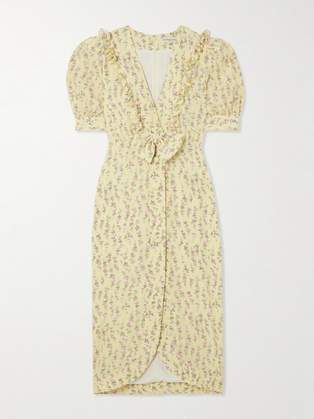 Alessandra Rich Garden Party Bow-detailed Floral-print Silk Crepe De Chine Midi Dress In Yellow