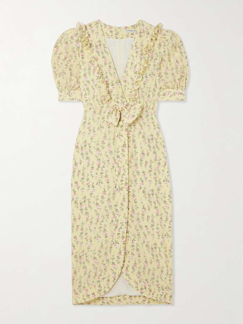 Alessandra Rich Garden Party Bow-detailed Floral-print Silk Crepe De Chine Midi Dress