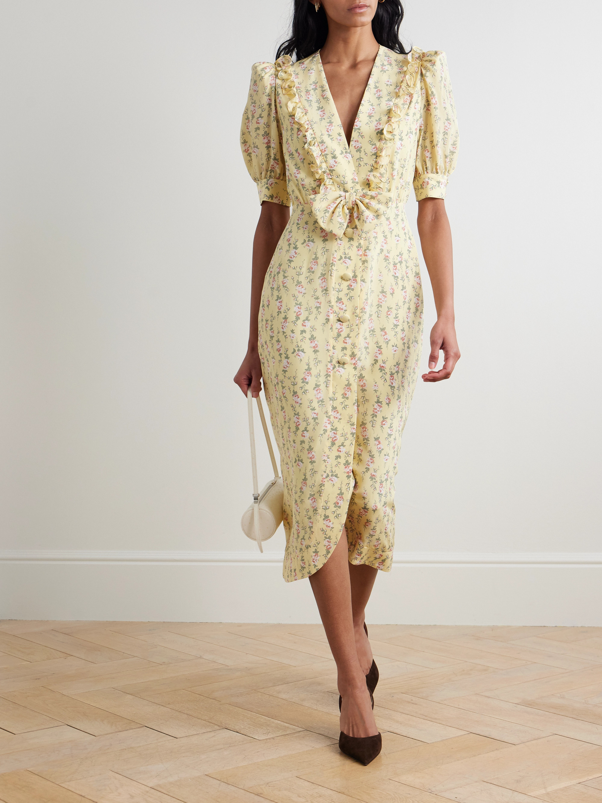 Alessandra Rich Garden Party bow-detailed floral-print silk crepe de chine midi dress