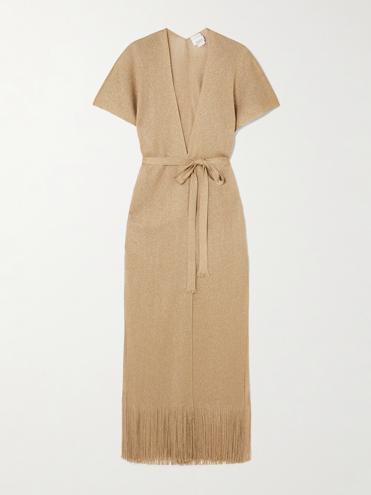 Max Mara Zarelia Belted Fringed Metallic Knitted Kaftan In Brown