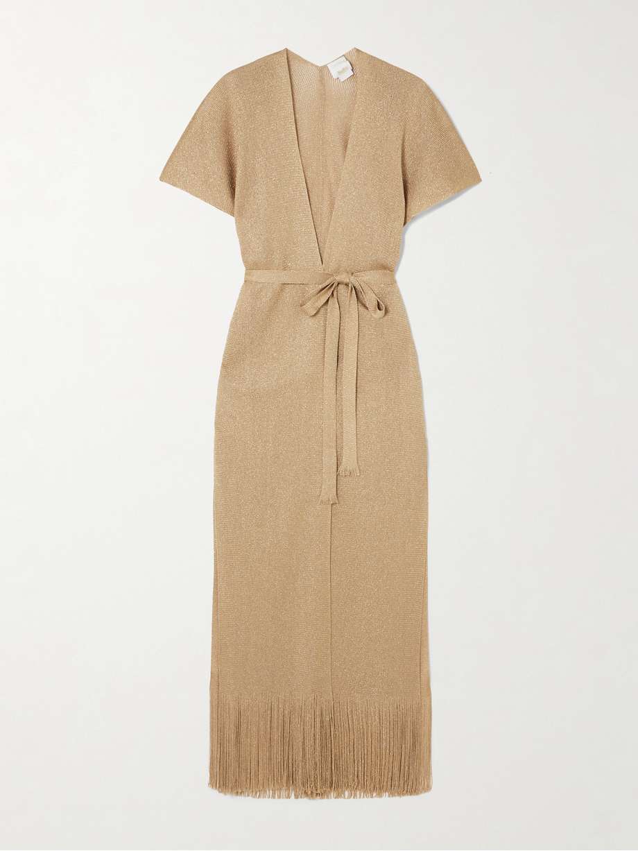 zarelia belted fringed metallic knitted kaftan