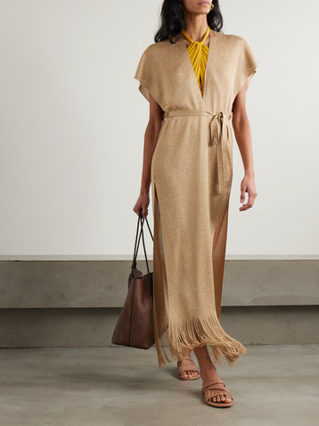 Max Mara Zarelia belted fringed metallic knitted kaftan
