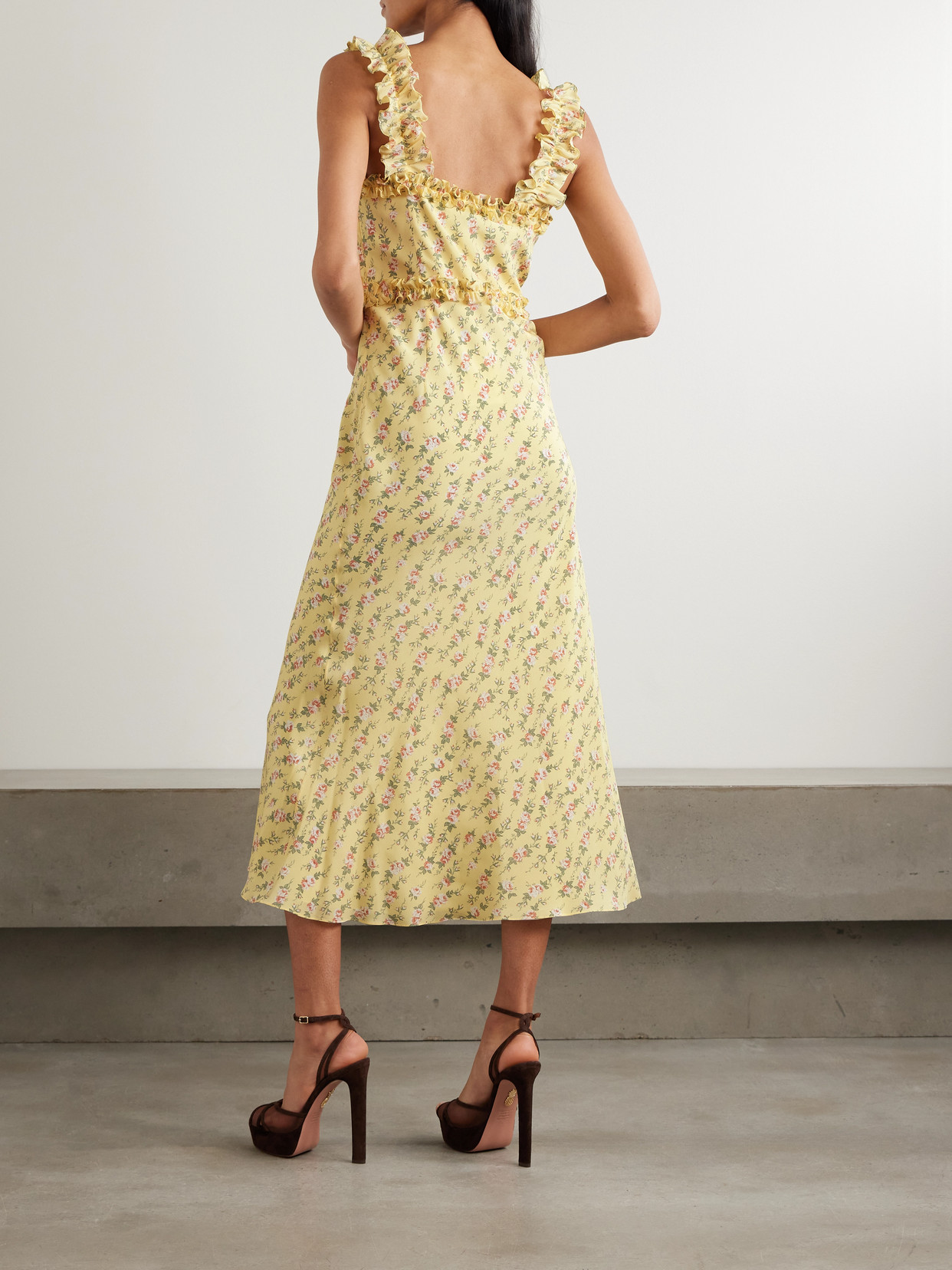 Alessandra Rich Bow-detailed Ruffled Floral-print Silk Crepe De Chine Midi Dress In Brown