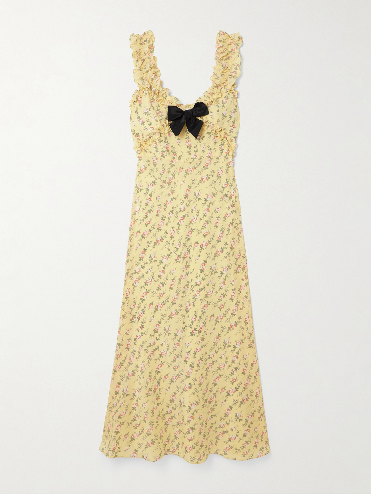 Alessandra Rich Bow-detailed Ruffled Floral-print Silk Crepe De Chine Midi Dress In Brown