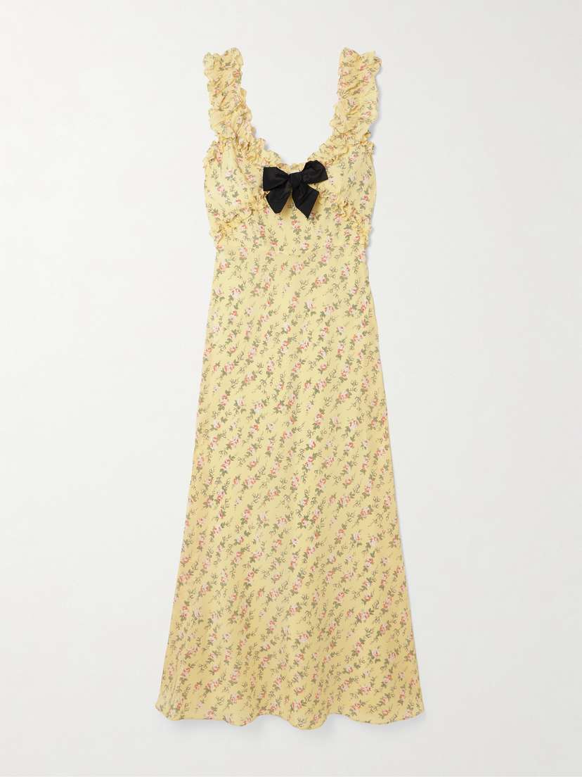 Alessandra Rich Bow-detailed Ruffled Floral-print Silk Crepe De Chine Midi Dress