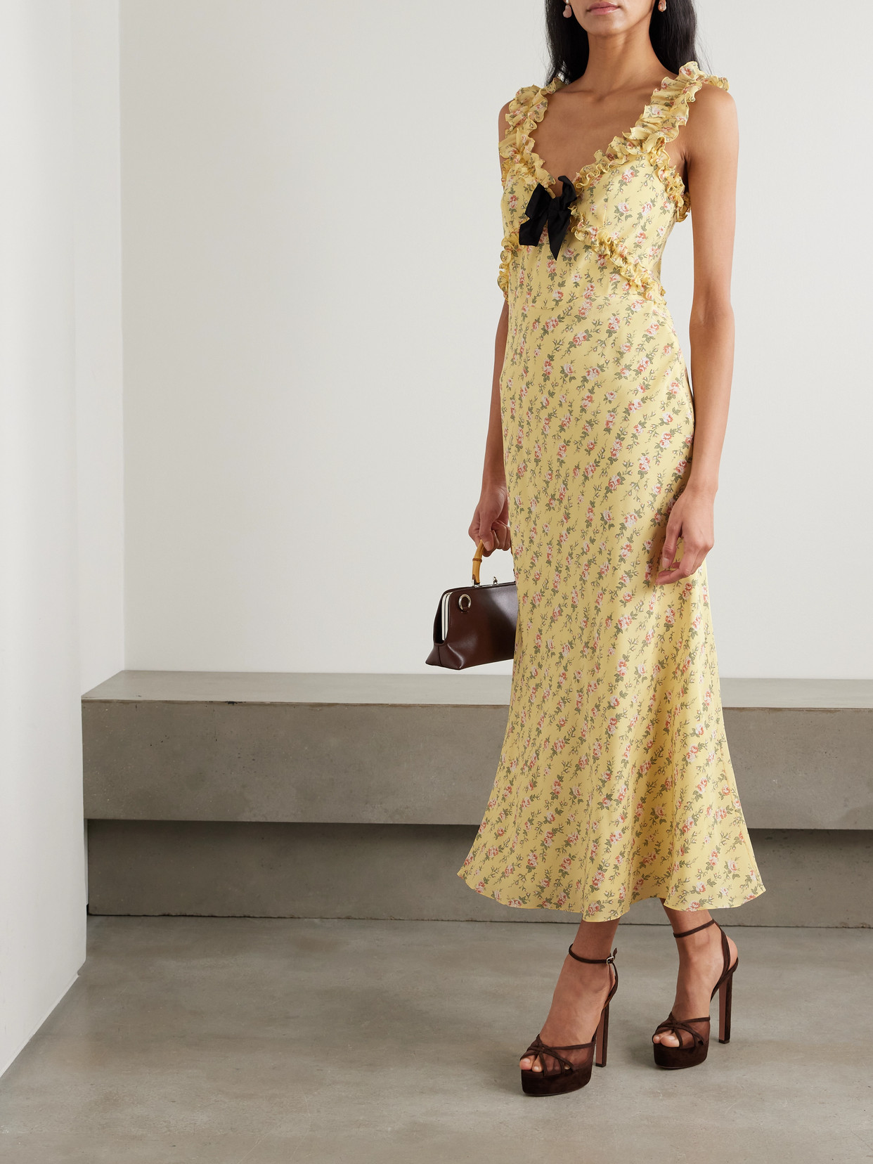 Alessandra Rich Bow-detailed Ruffled Floral-print Silk Crepe De Chine Midi Dress In Brown