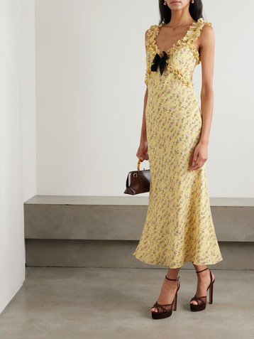 Alessandra Rich Bow-detailed ruffled floral-print silk crepe de chine midi dress