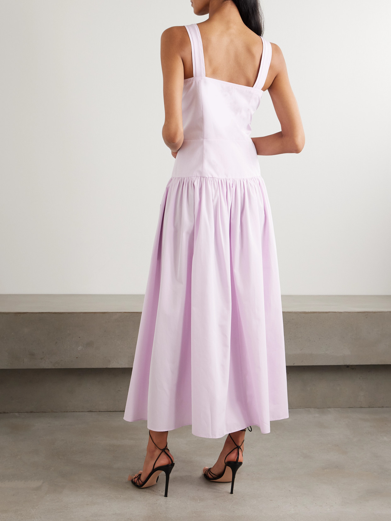 Alessandra Rich Bow-detailed Velvet-trimmed Gathered Cotton-poplin Midi Dress In Purple