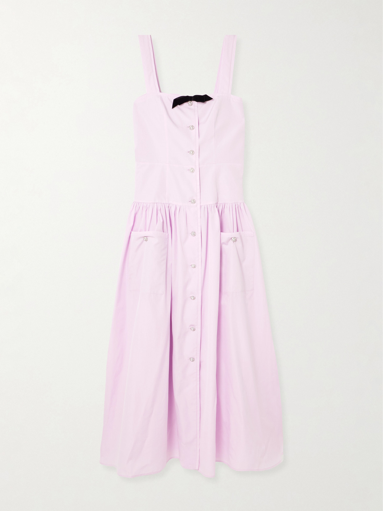Alessandra Rich - Bow-detailed Velvet-trimmed Gathered Cotton-poplin Midi Dress - Pink