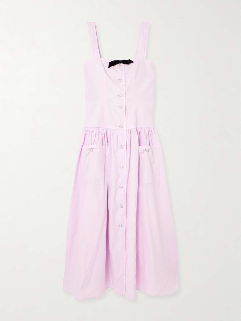 Alessandra Rich Bow-detailed Velvet-trimmed Gathered Cotton-poplin Midi Dress