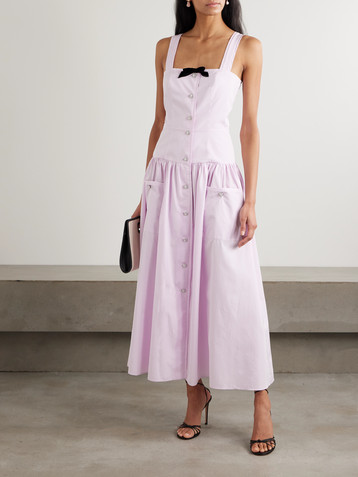 Alessandra Rich Bow-detailed velvet-trimmed gathered cotton-poplin midi dress