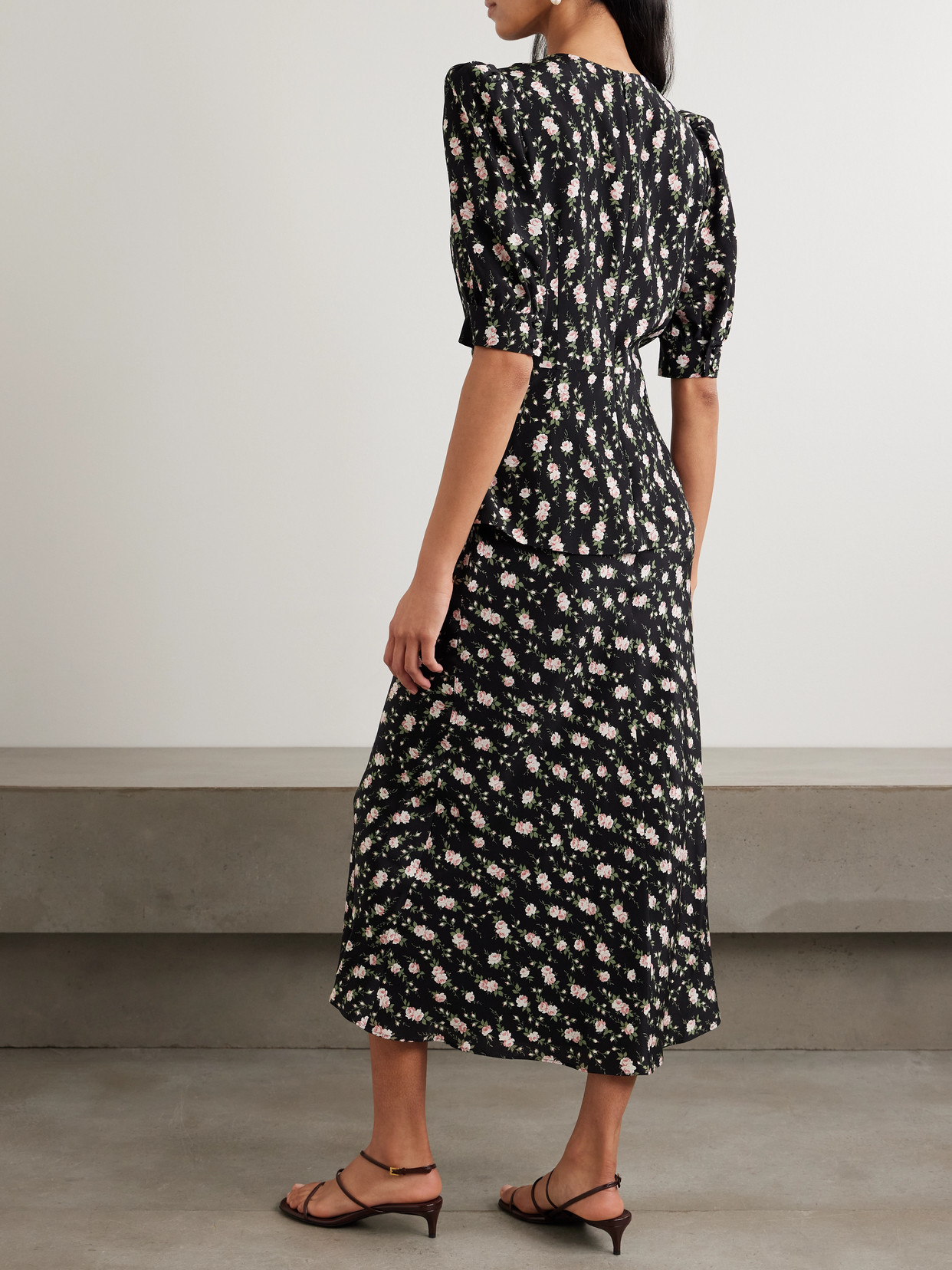 Alessandra Rich Garden Party Bow-detailed Floral-print Silk Crepe De Chine Midi Dress In Black