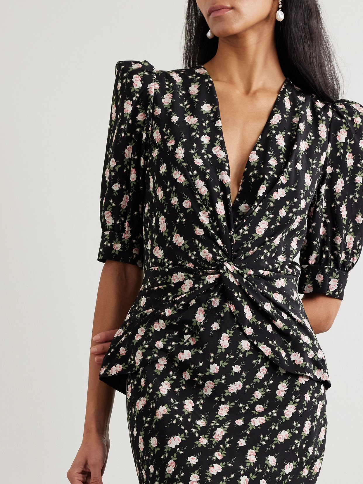 Alessandra Rich Garden Party Bow-detailed Floral-print Silk Crepe De Chine Midi Dress In Black