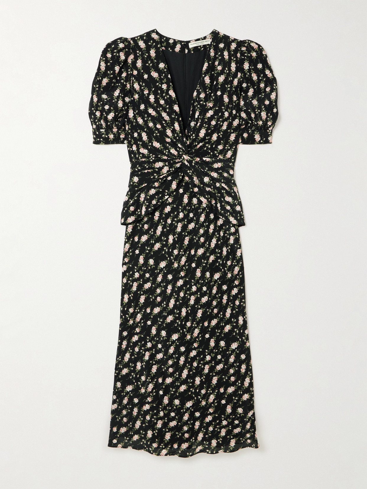 Alessandra Rich Garden Party Bow-detailed Floral-print Silk Crepe De Chine Midi Dress In Black