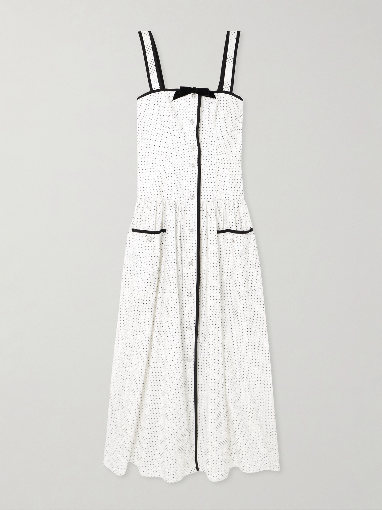 Alessandra Rich Bow-detailed Velvet-trimmed Gathered Printed Cotton-poplin Midi Dress In White