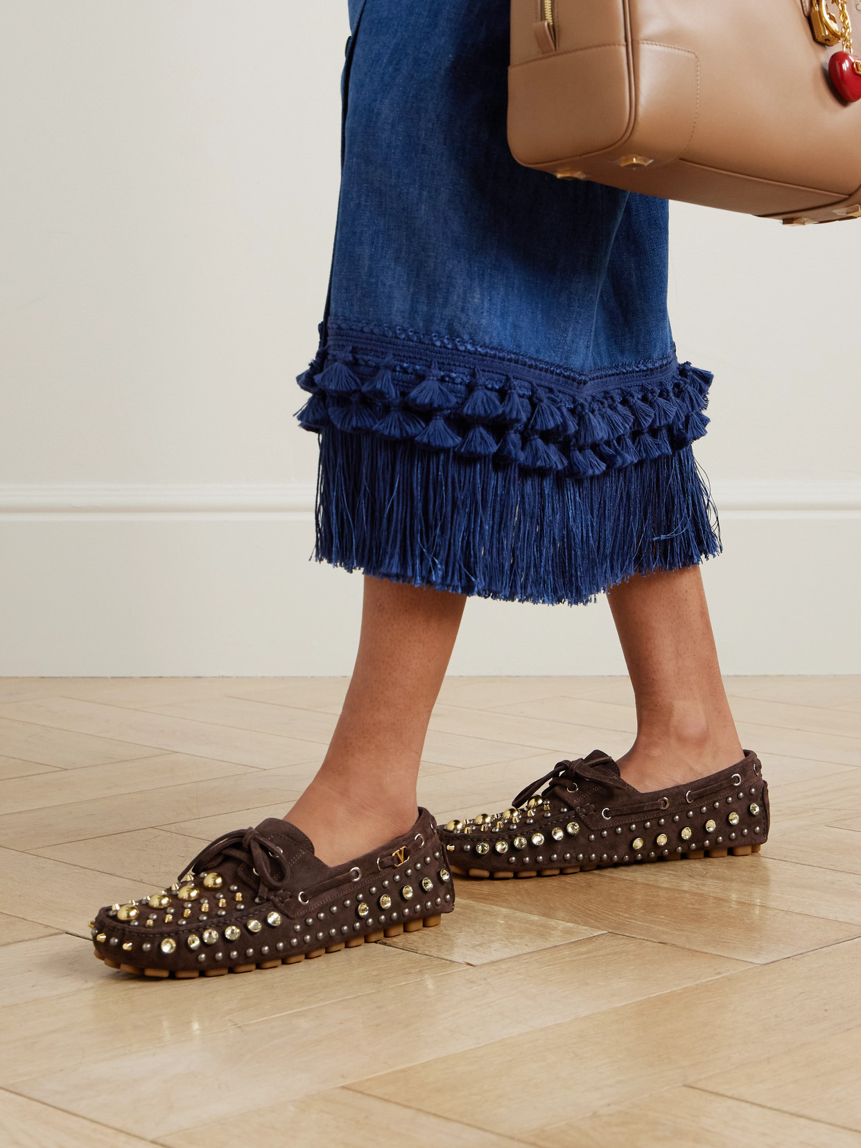 Valentino Fastaway Embellished Suede Loafers In Black