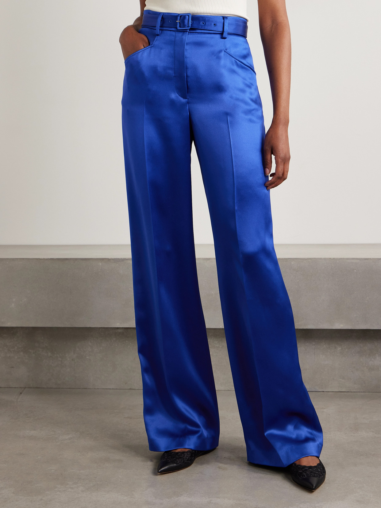Gabriela Hearst Norman Belted Silk-satin Straight-leg Pants In Blue