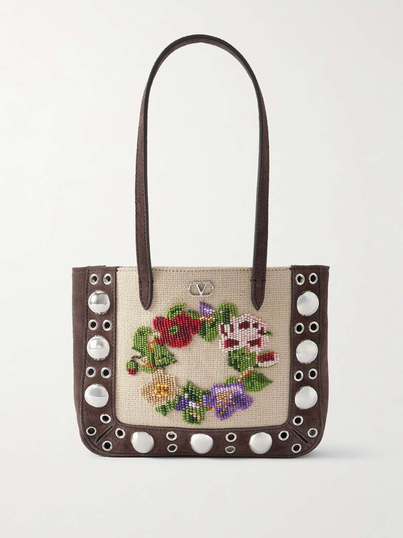 Valentino Garavani Nellcôte Mini Embellished Woven Canvas And Suede Tote